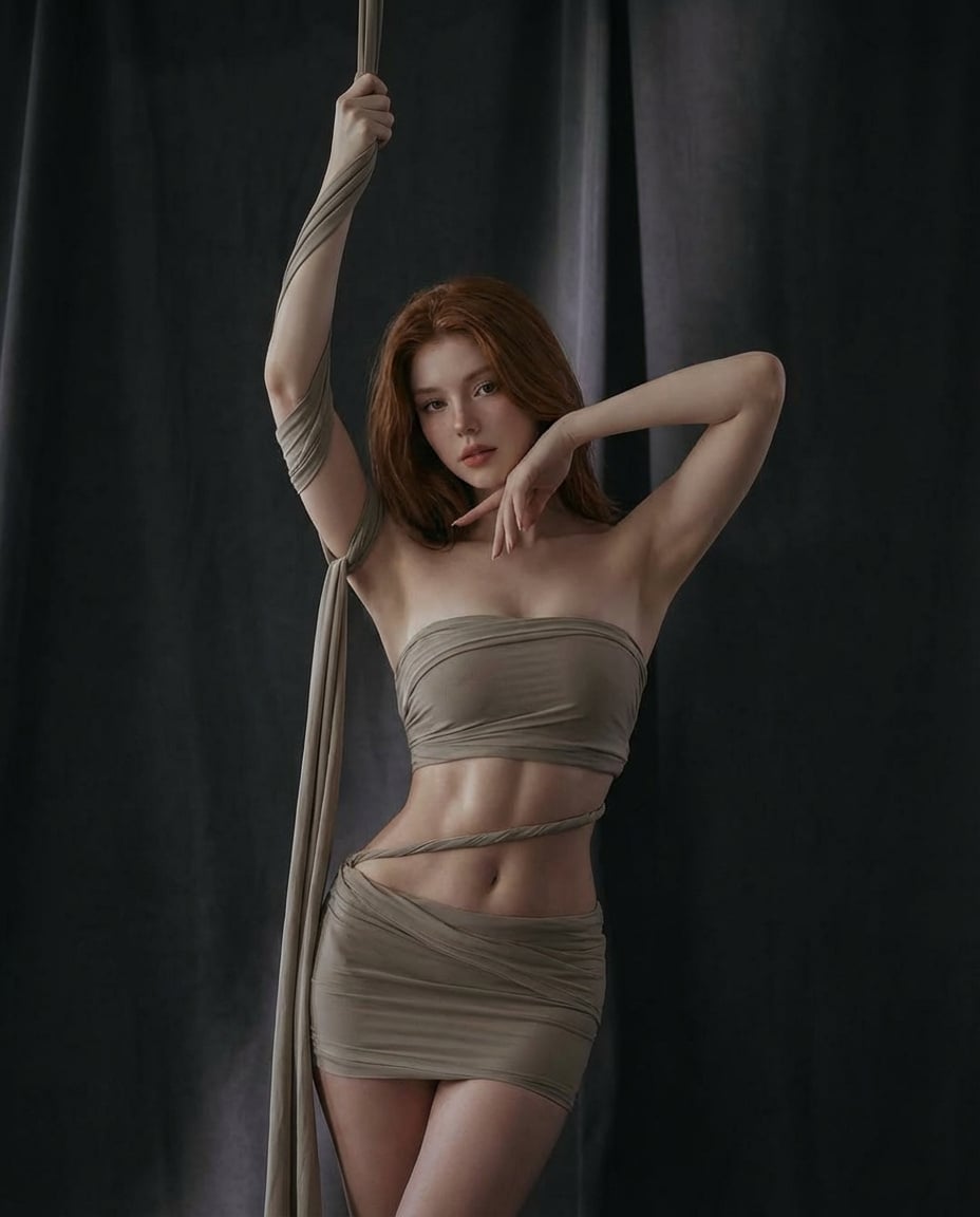scene : A young woman posing indoors against dark curtains