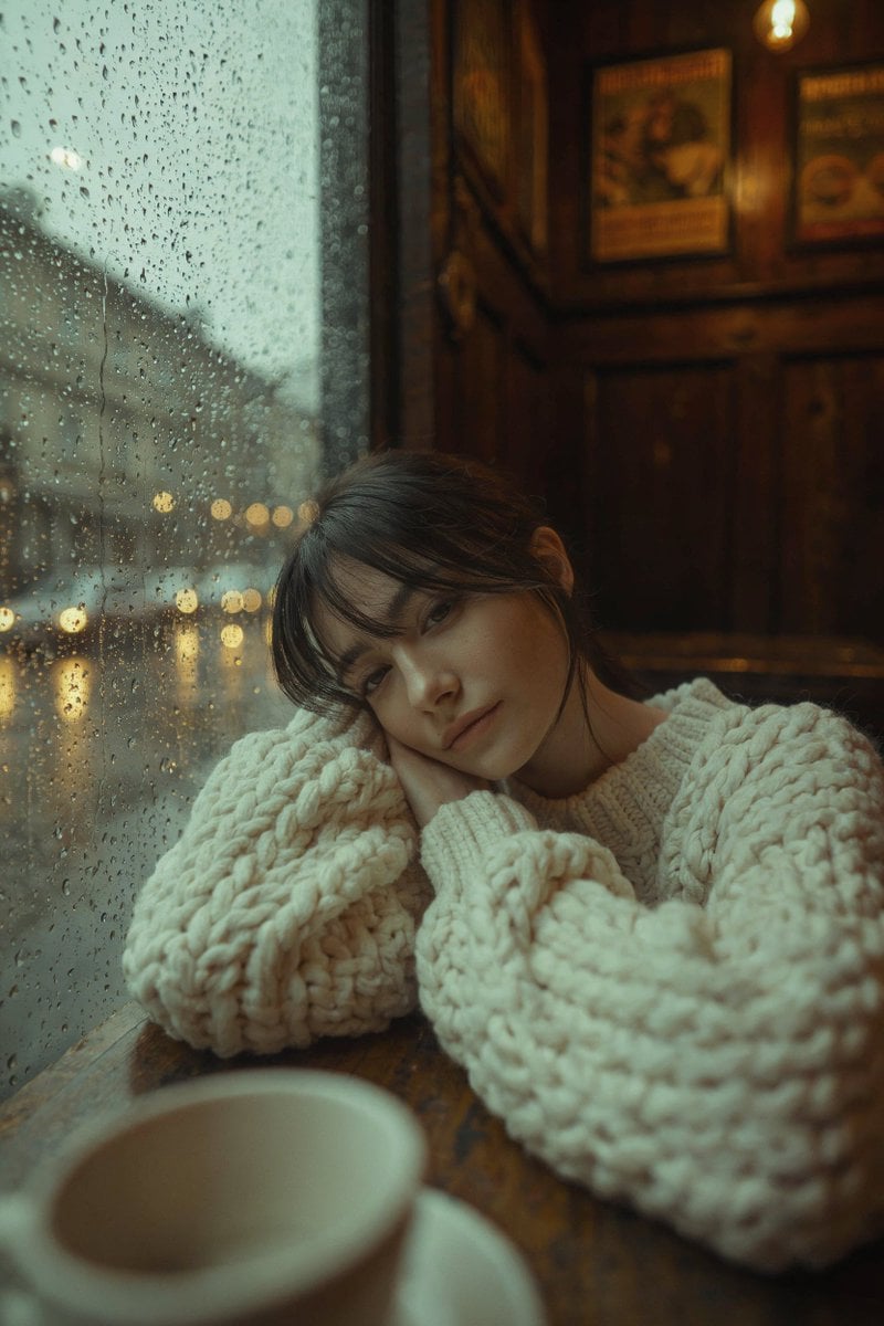 A cinematic, high-resolution portrait of a young woman with dark hair and soft bangs, lea…