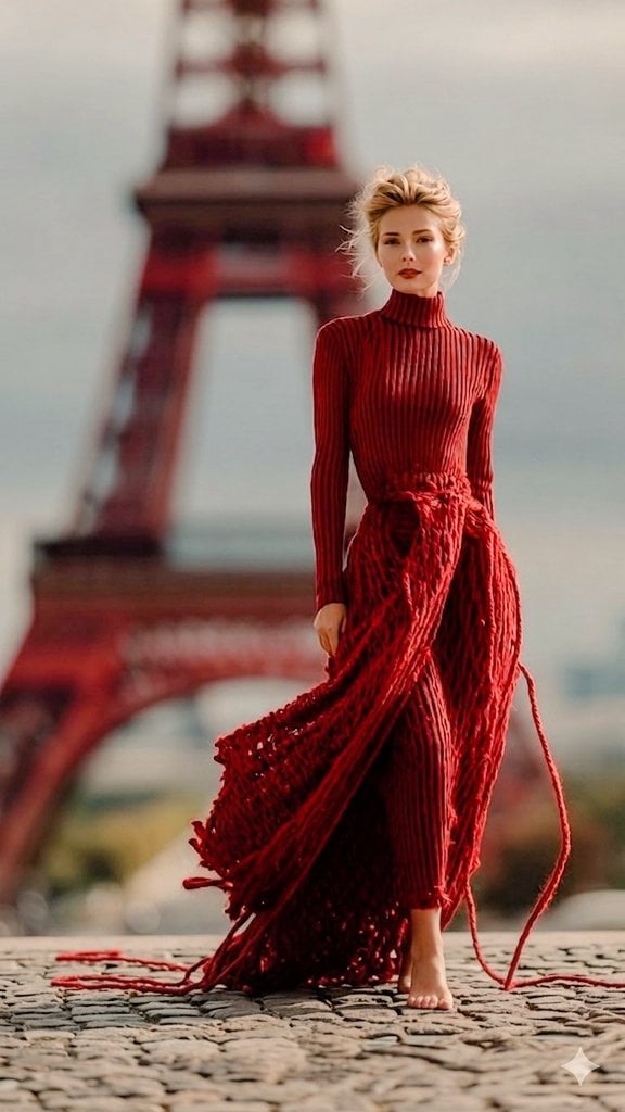 The Eiffel Tower is wrapped in an unreal, surreal layer of vibrant red yarn, as if Paris …