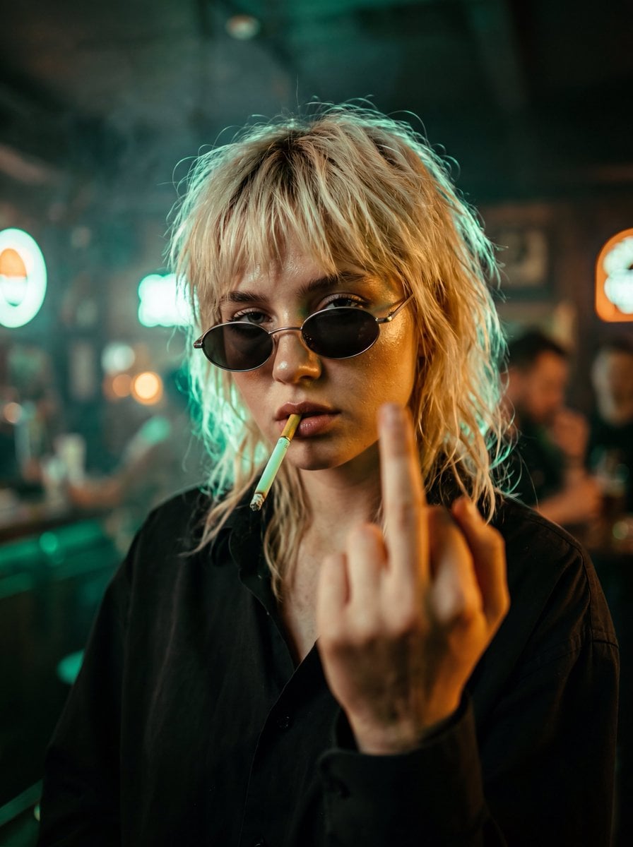 A high-intensity, cinematic close-up portrait of a defiant young woman with messy, bleach…