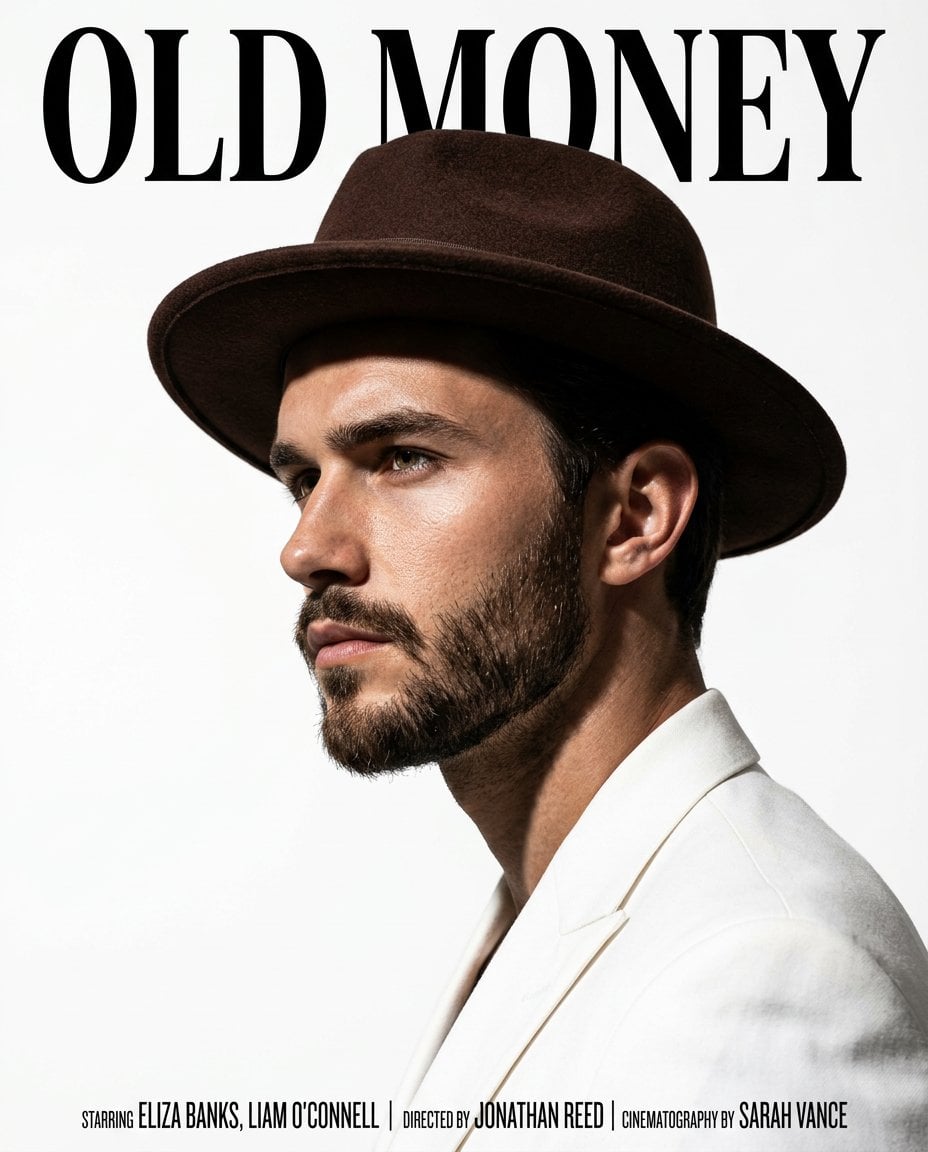 A cinematic magazine-style portrait of a handsome man in side profile, wearing a brown fe…