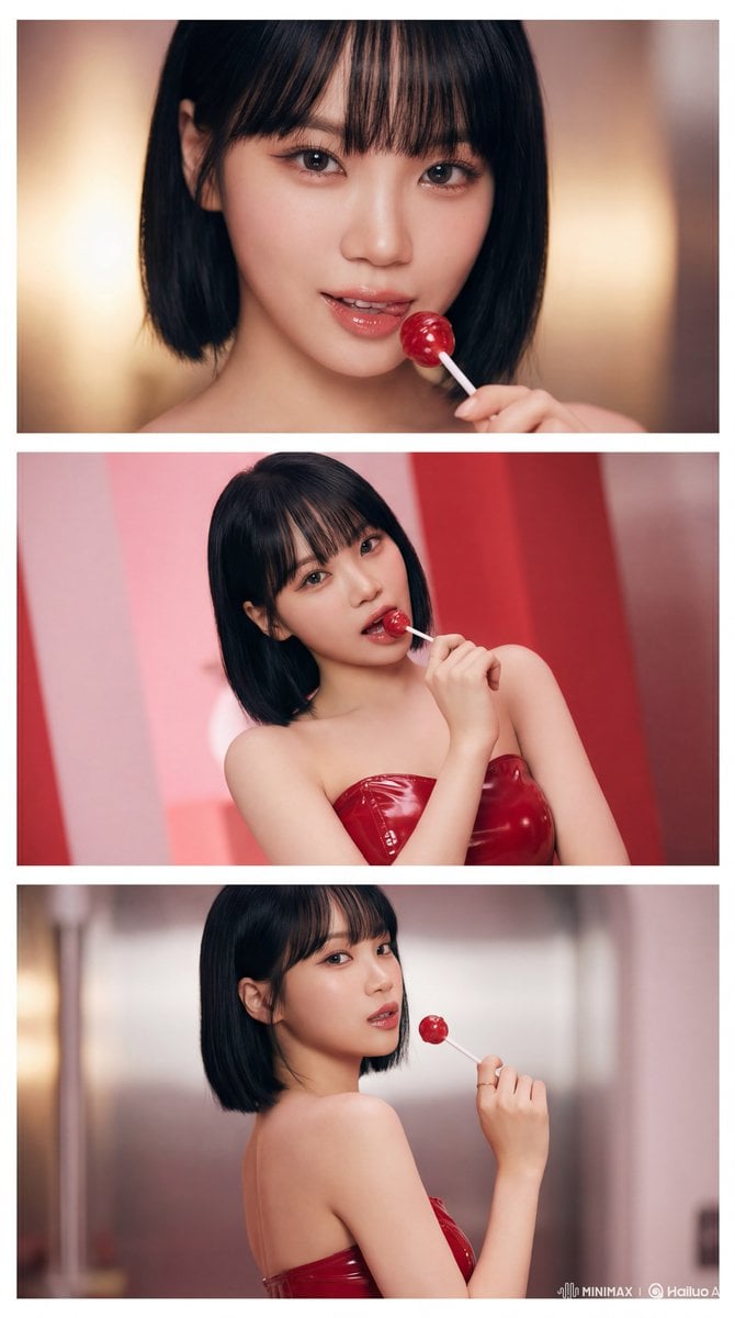 Create a 3-image vertical collage (aspect ratio 9:16) featuring Le Sserafim's Kim Chaewon…