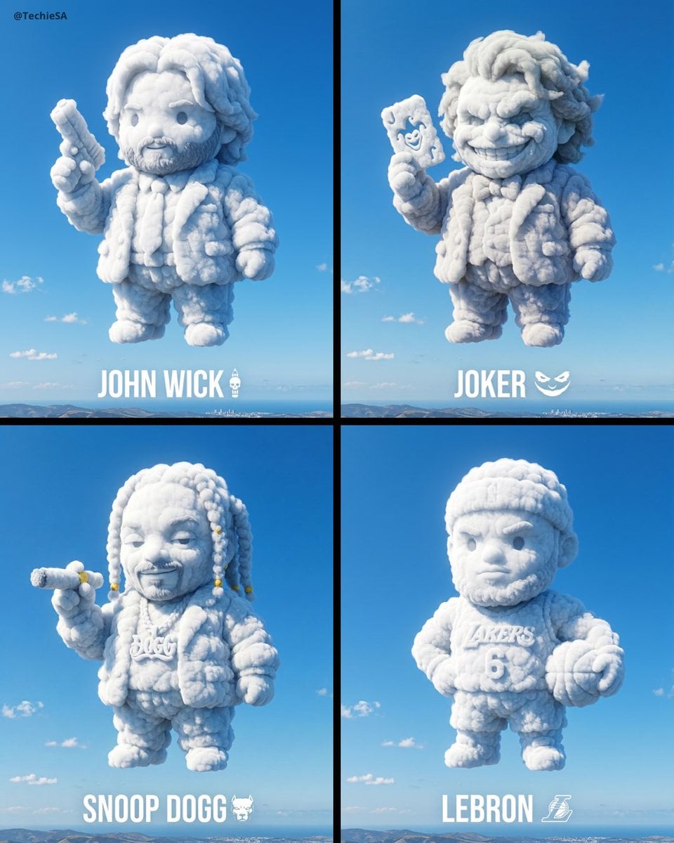 A massive, photorealistic cumulus cloud sculpted into the shape of a chubby, chibi-style …