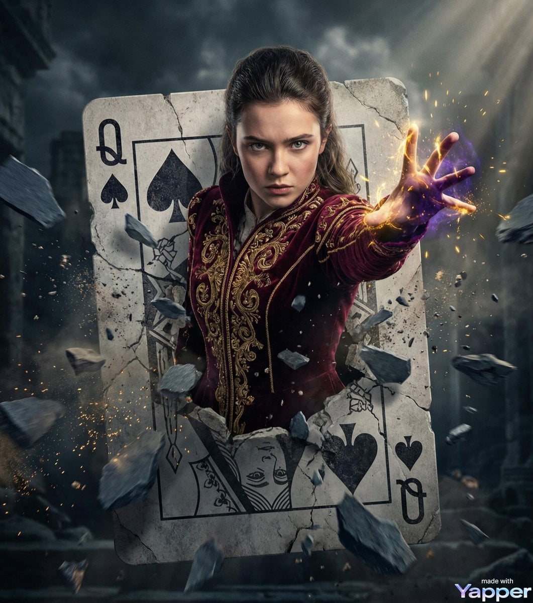 Make a hyper-realistic cinematic movie poster of a powerful young female sorcerer burstin…