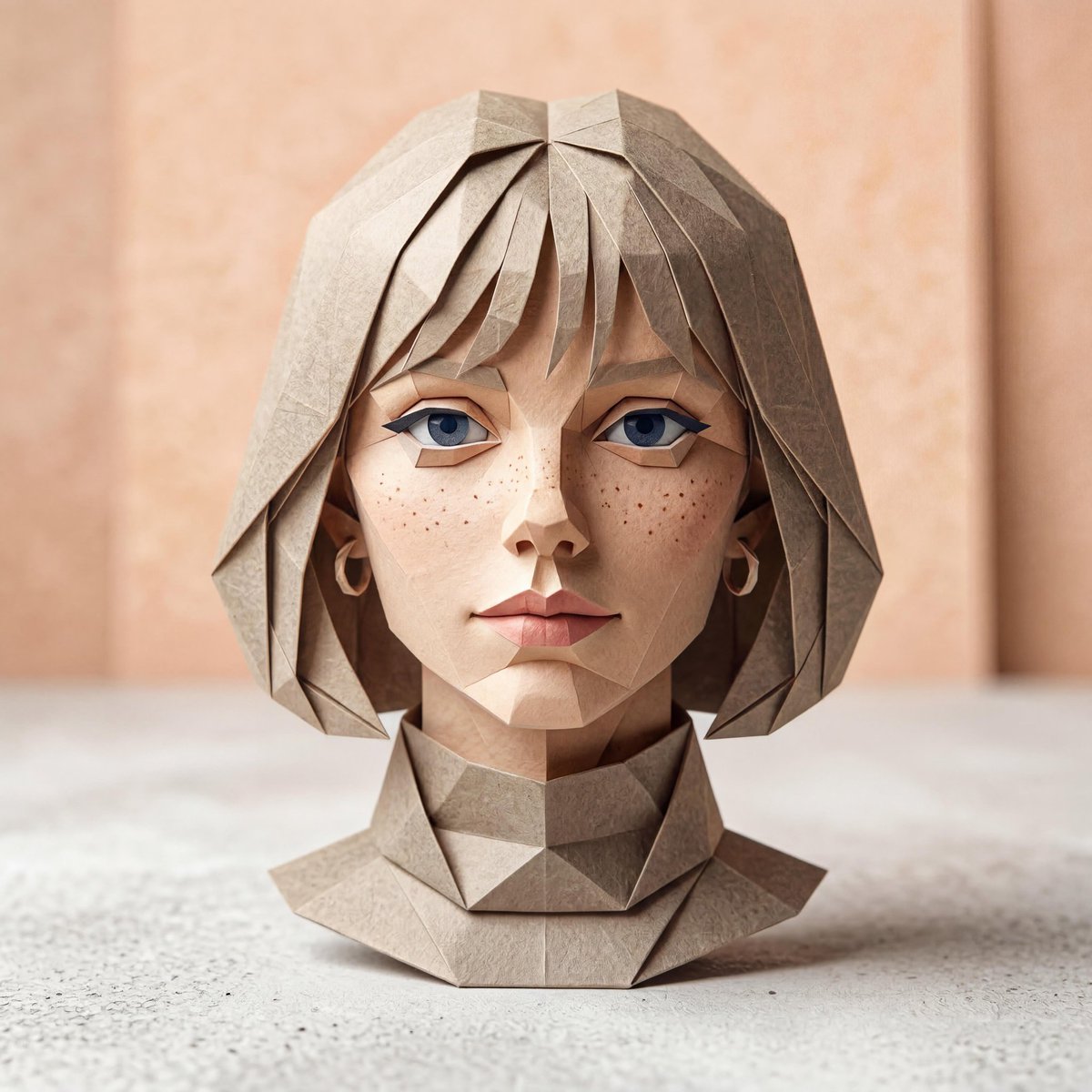 A hyper-detailed origami-style version of a person, folded from high-quality paper with c…