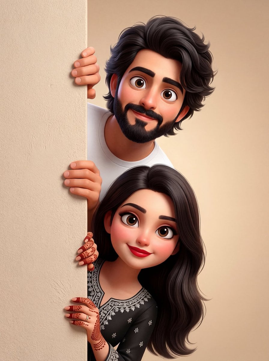 High-quality stylized 3D Pixar/Disney style cartoon illustration of a man and woman playf…