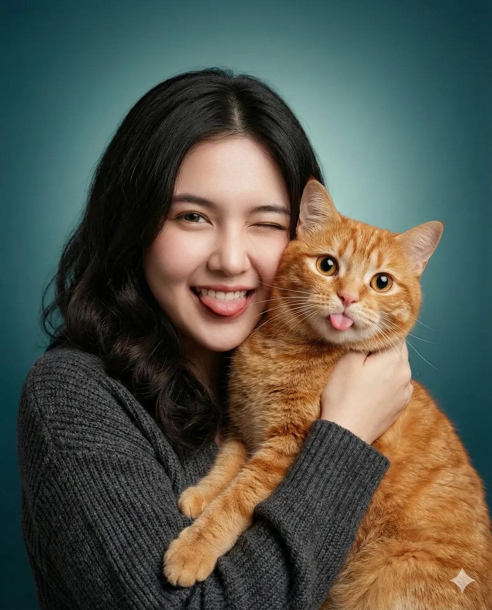 A heartwarming studio portrait of a young woman holding a cute orange tabby cat close to …