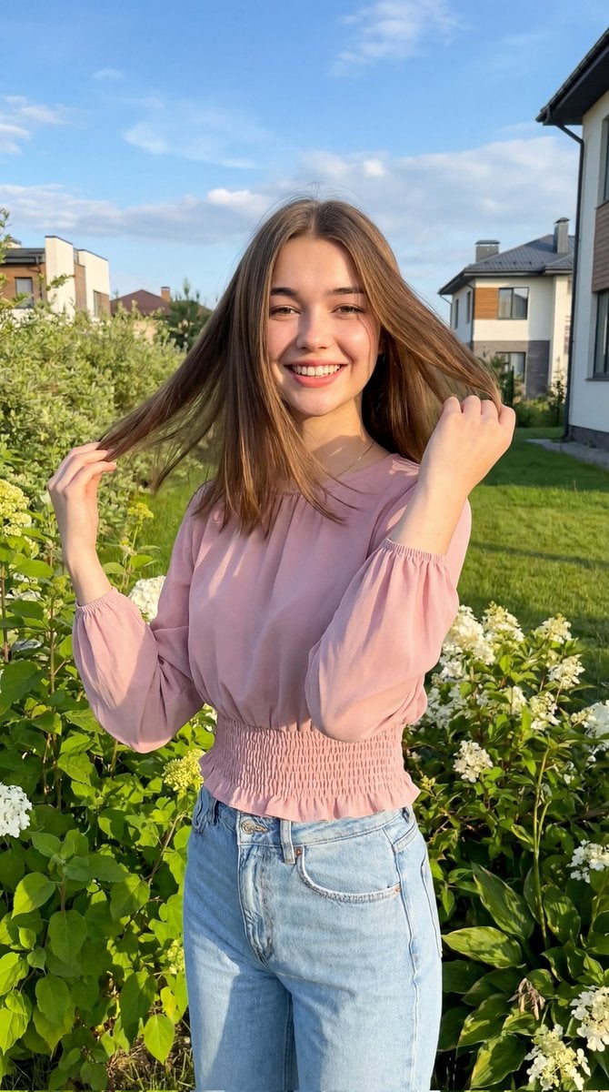 A cheerful young woman standing outdoors in a lush green garden, smiling brightly while g…