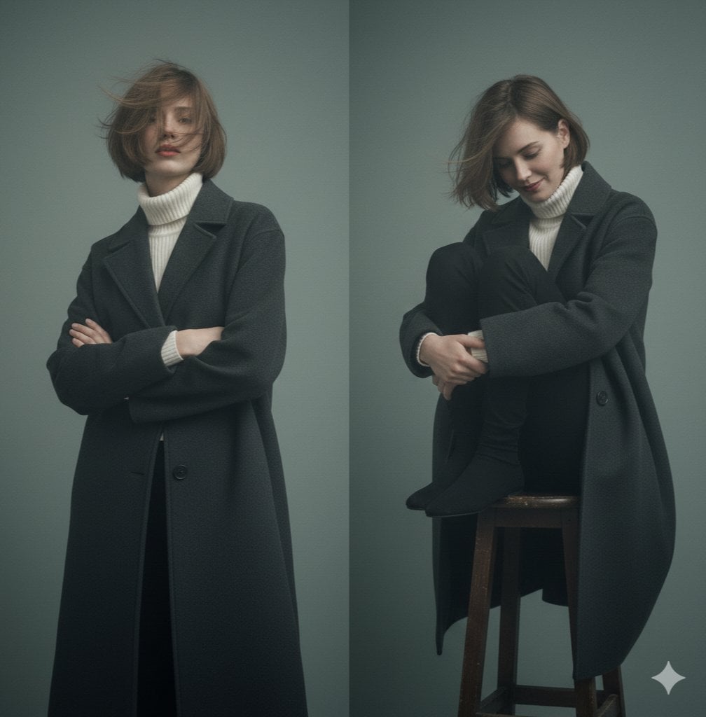 Left Pane: A young woman with a bob haircut stands facing the camera with a confident, sl…