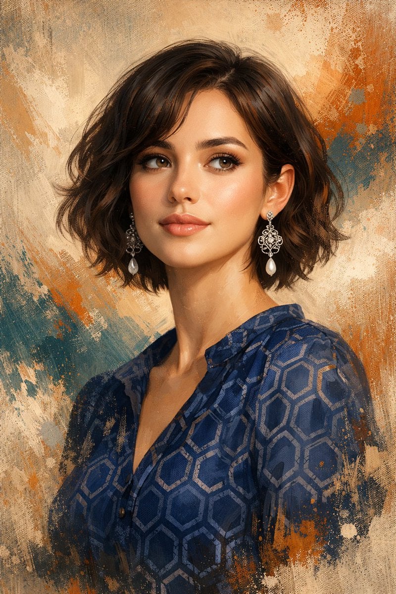 A beautiful semi-realistic digital portrait of an elegant young woman with short wavy dar…