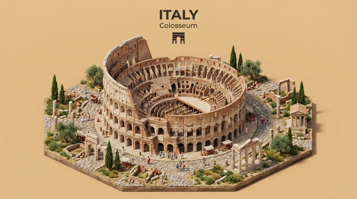 Create an isometric miniature 3D diorama representing the iconic architecture of [COUNTRY…
