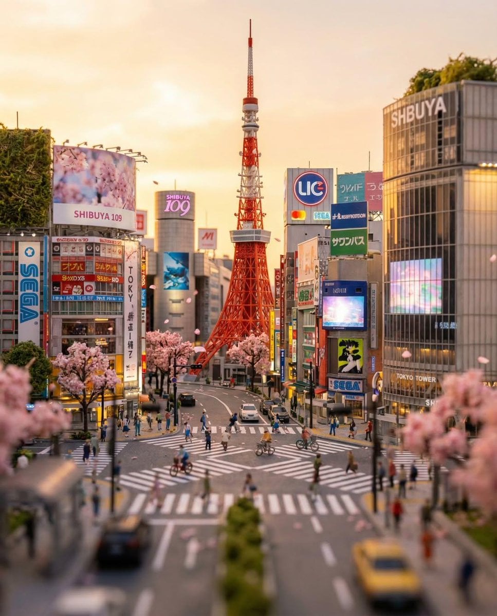 Tilt-shift 3D model diorama in 4:5 aspect ratio, highlighting Tokyo Tower and the Shibuya…