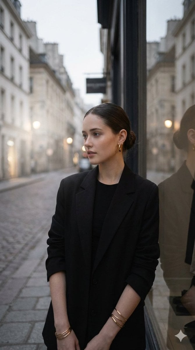 Elegant woman with dark hair in a sleek bun, wearing a structured oversized black blazer,…