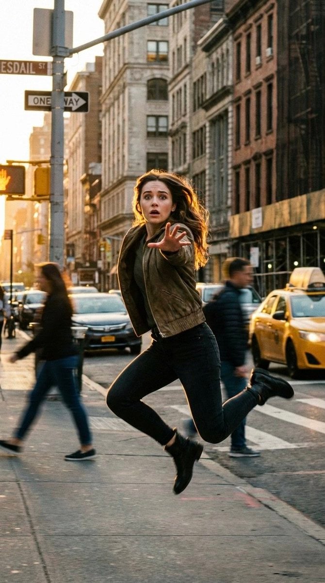 A cinematic freeze-frame shot of a young woman suspended in mid-air in the middle of a bu…