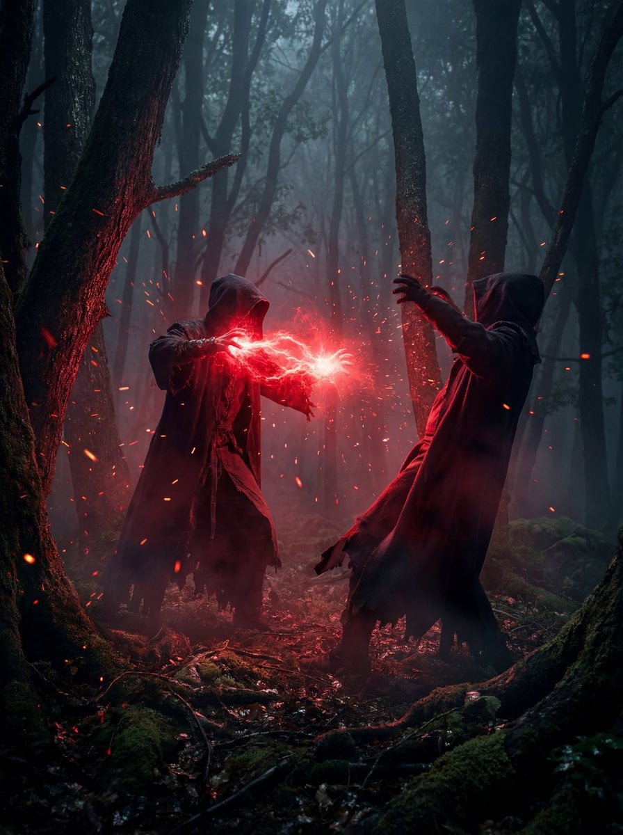A dramatic cinematic scene in a dark foggy forest where two hooded figures clash, one unl…