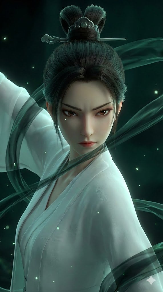 A stunning 3D Chinese animation style close-up of a beautiful heroine, determined sharp p…
