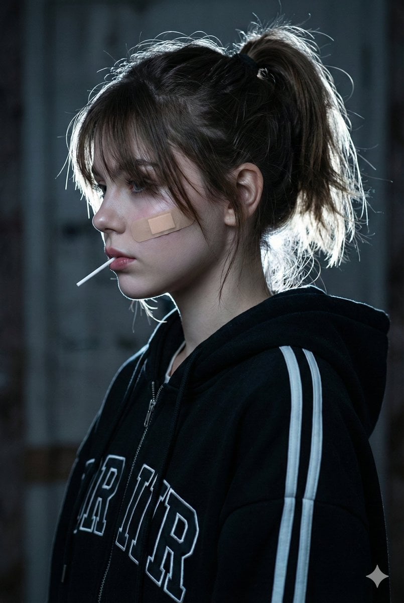 ​A cinematic close-up side profile portrait of a young woman with a rebellious, melanchol…