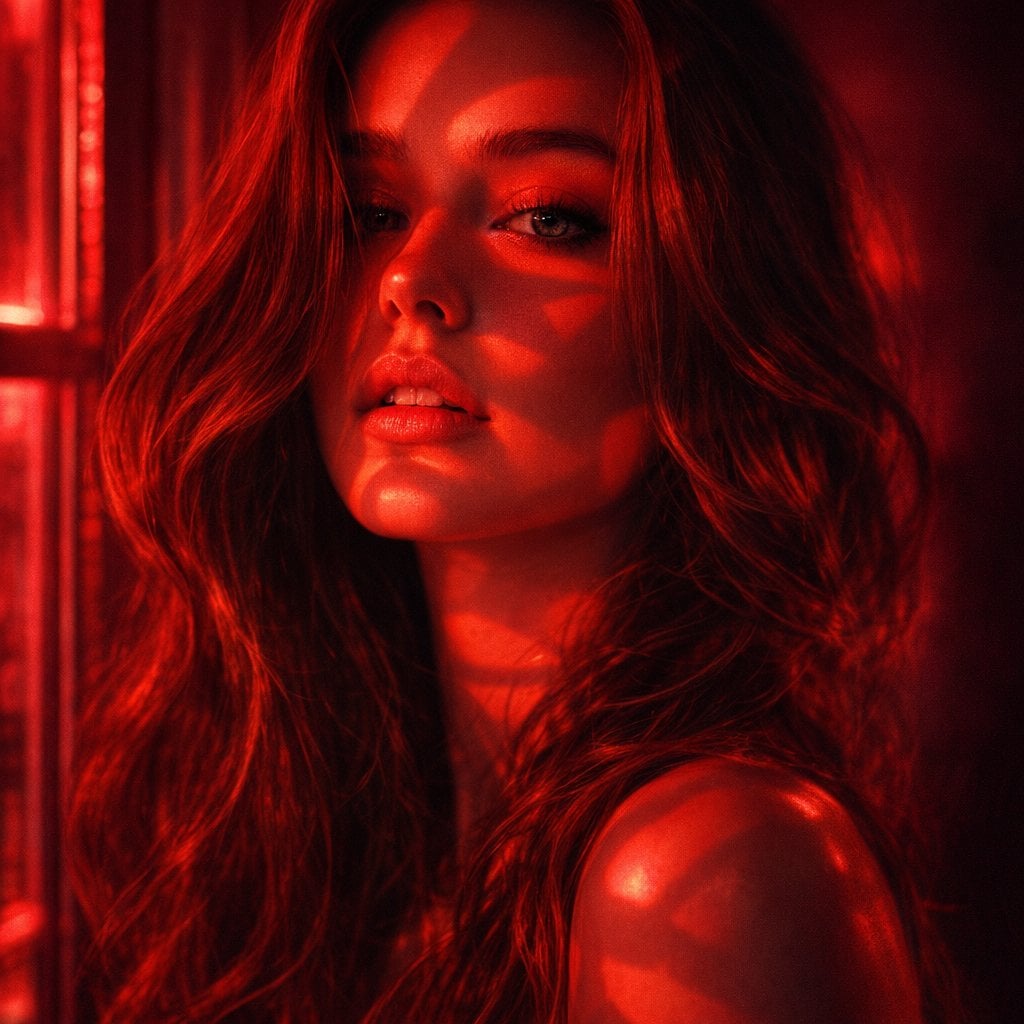Hyper-realistic cinematic por-trait of a young woman, with soft skin and deep gaze, stand…
