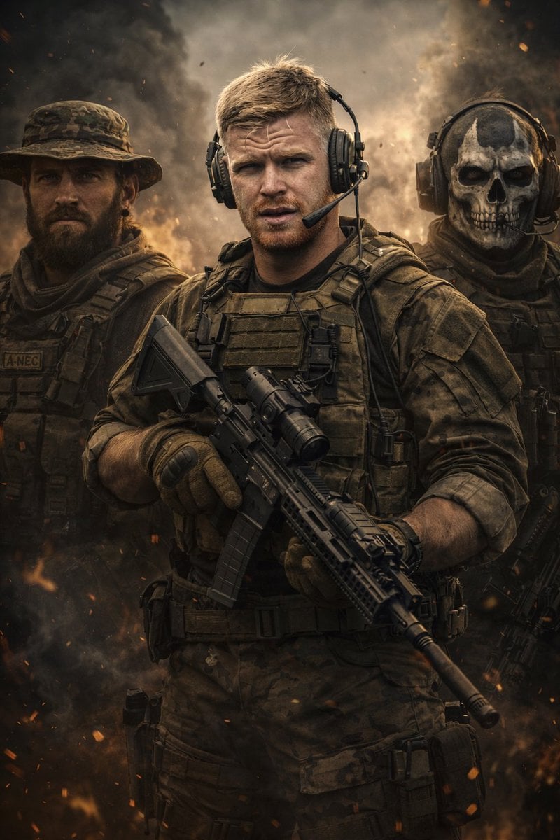 A hyper-realistic, cinematic 9:16 portrait of a modern military squad lineup. In the midd…