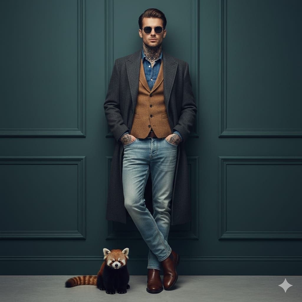 A cinematic fashion portrait of a stylish man leaning against a dark teal paneled wall, w…