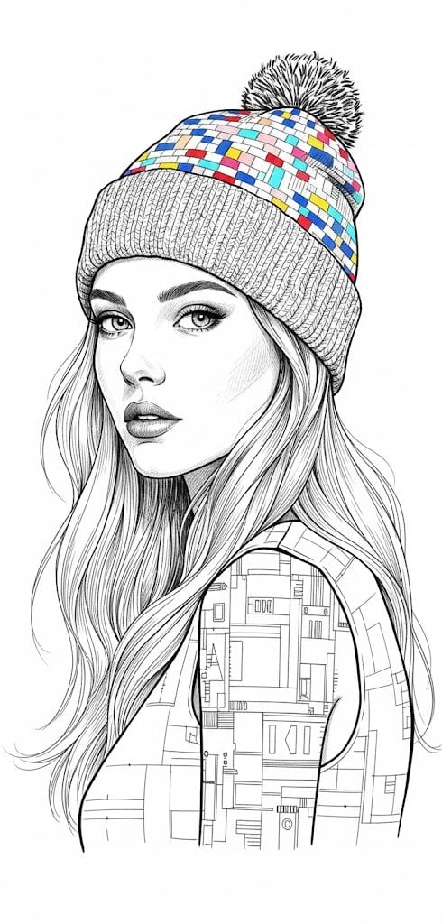 Ultra-detailed black and white ink illustration of a young woman in 3/4 profile, looking …