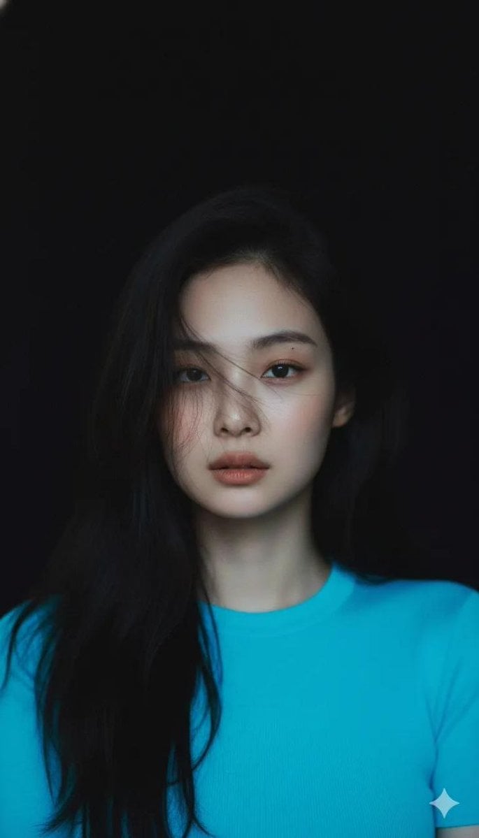 Create Moody cinematic portrait of a young woman with clear fair skin and barely-there ma…