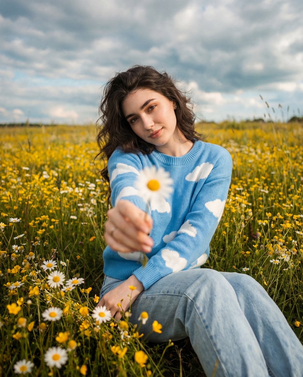 cinematic, wide-angle portrait of her sitting in a wildflower field during the day. She l…