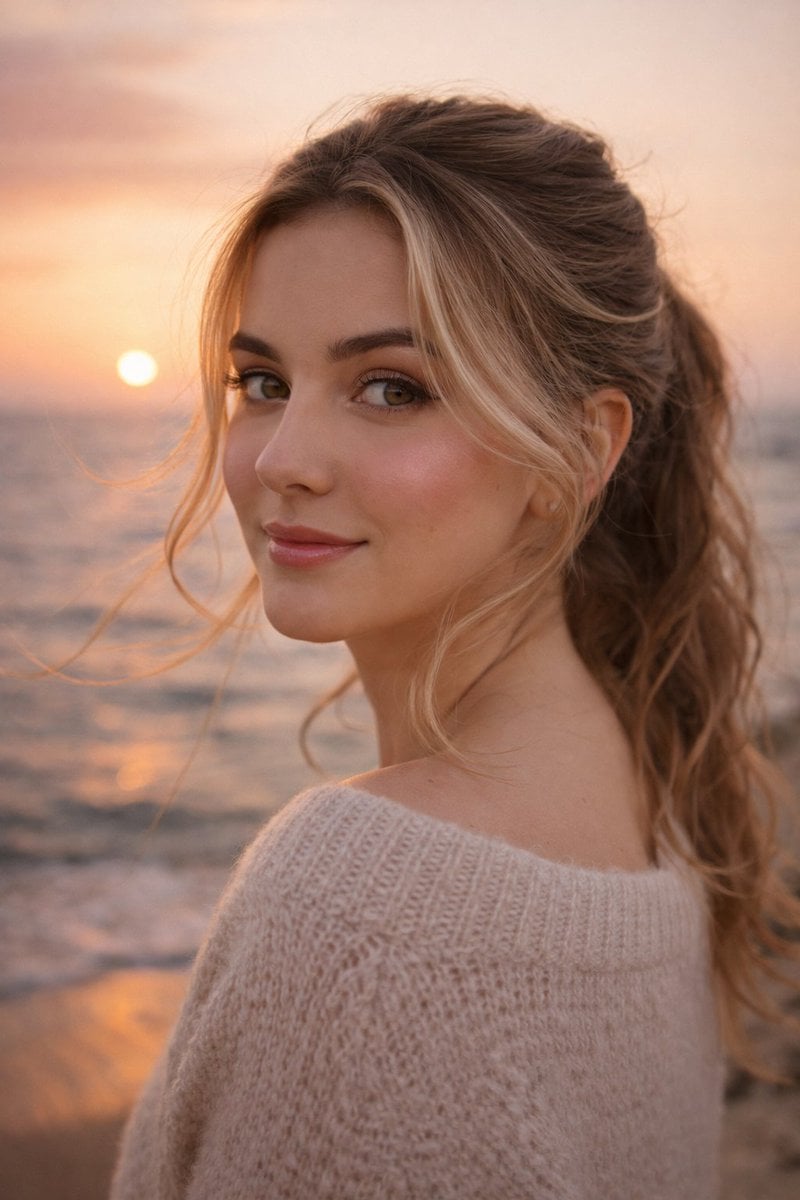 A close-up profile shot of a beautiful, cute young woman, standing slightly sideways and …