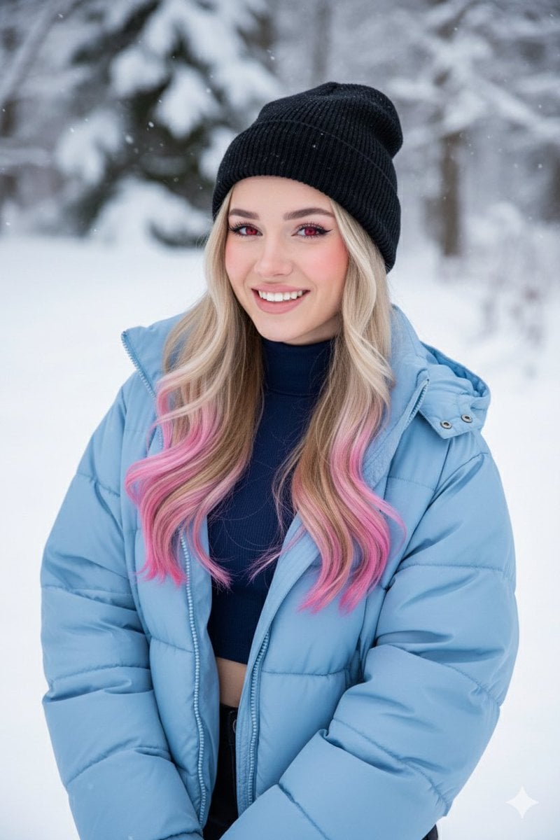 A blonde girl with pink-tipped hair and vibrant red eyes, wearing a black beanie, a navy …