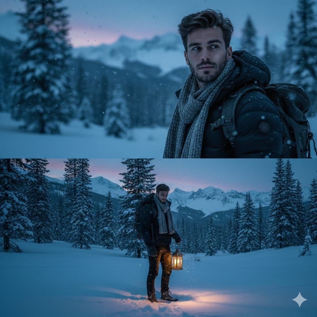 A cinematic winter portrait of a handsome man standing in a snowy pine forest at blue hou…