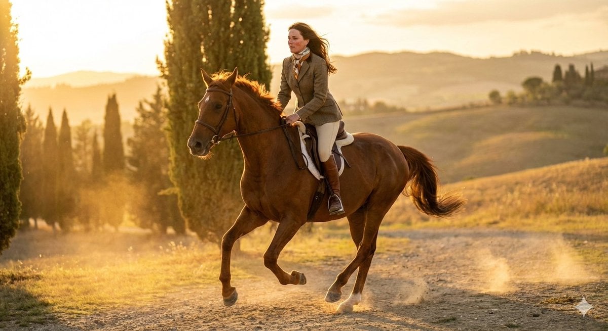 24-year-old female equestrian model riding a galloping chestnut horse, Hermès-inspired pr…