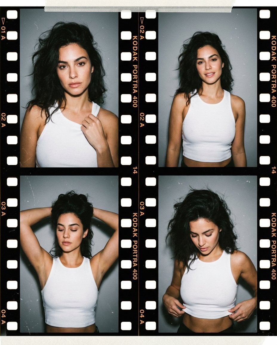 A photorealistic editorial-style portrait composed as a four-frame grid, resembling a con…