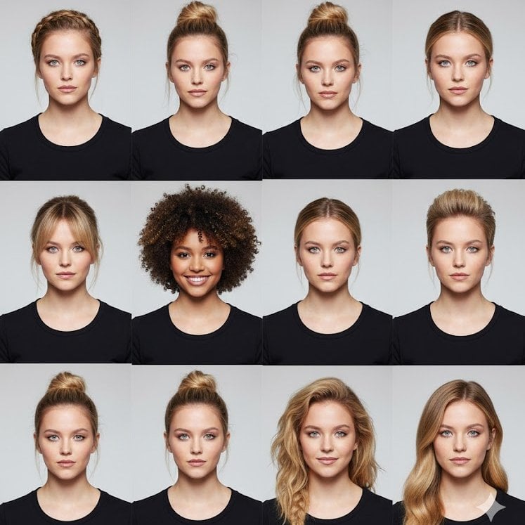 A 3×3 grid collage featuring the same female model, each square showing a different hairs…