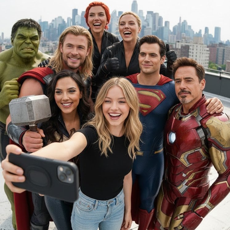 A ultra realistic group selfie, center is the person from the attached image, wearing a f…