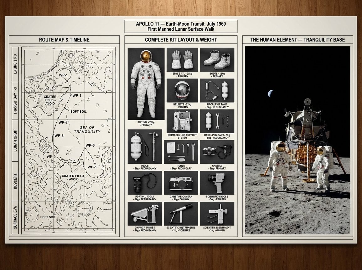An expedition leader's planning board for [JOURNEY / MISSION] — [DESTINATION / ERA]. Left…