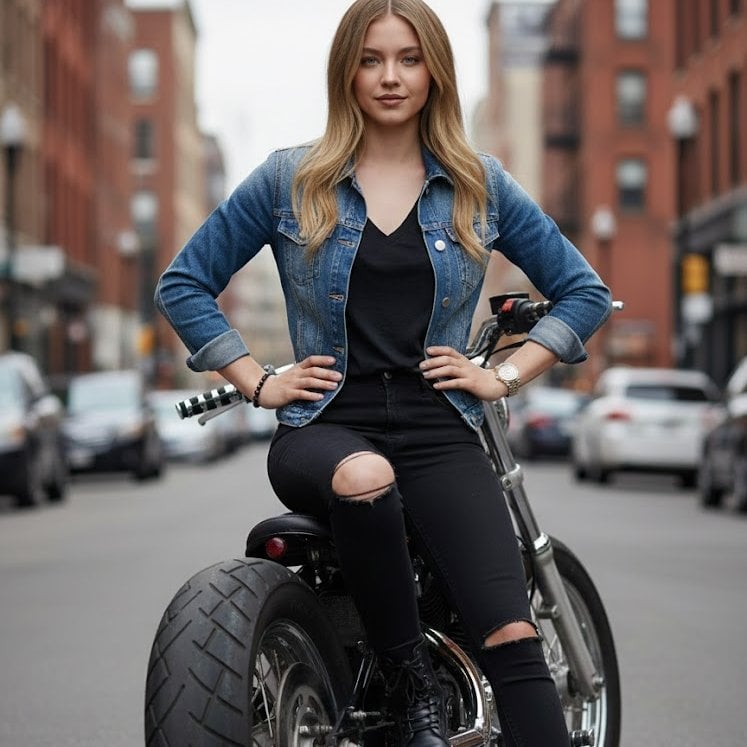 A full-length portrait of a woman with a biker-chic style, sitting sideways on a customiz…