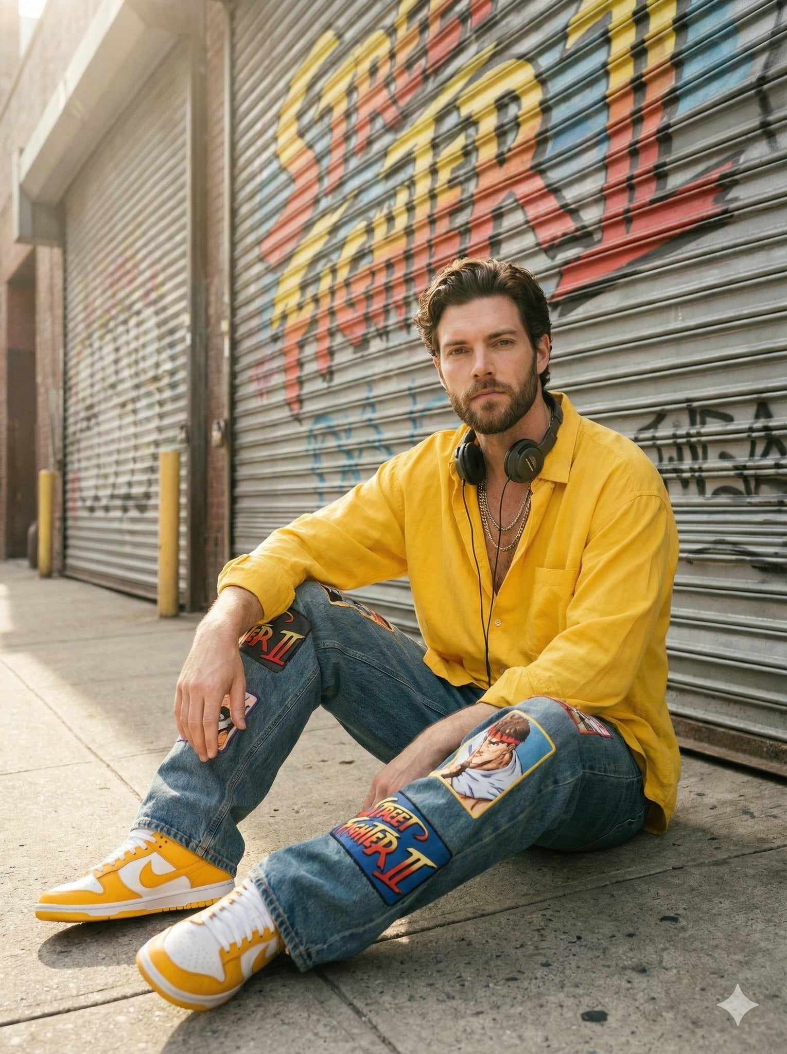 Sunlit urban streetwear portrait of a stylish young man sitting casually on a concrete si…