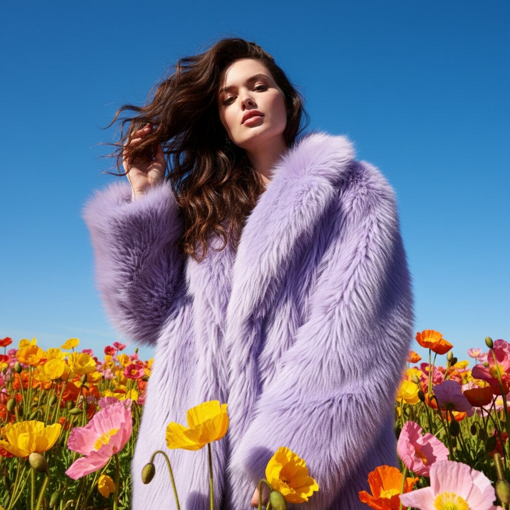 Create an eye-catching outdoor fashion portrait in a lively flower meadow under bright da…