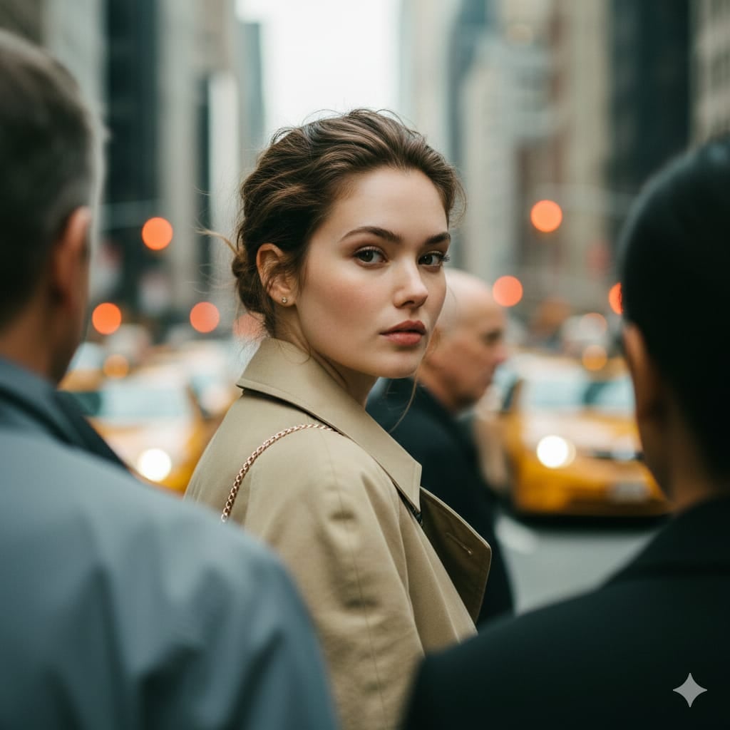 Core Intent: Create a photorealistic candid street-fashion portrait with extreme shallow …