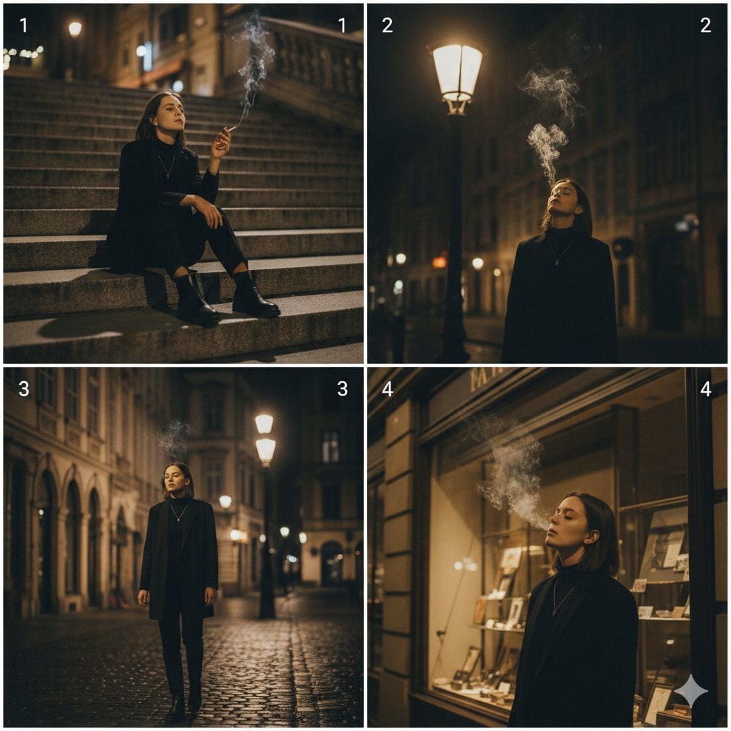 A cinematic 4-panel photo collage showing a quiet, introspective city walk, with smoking …
