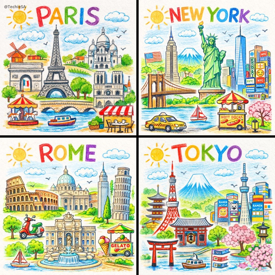 A neat, colorful crayon and colored-pencil drawing of [CITY], featuring iconic landmarks,…