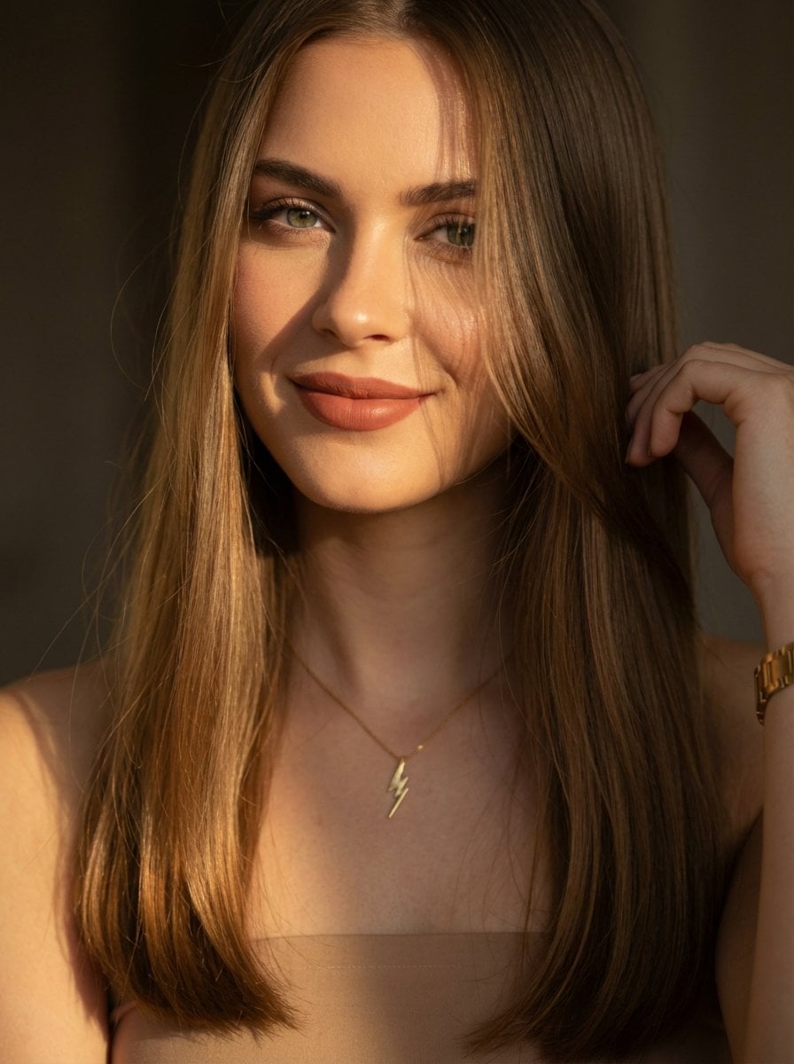 A cinematic close-up portrait of a young woman with long straight light brown hair, soft …