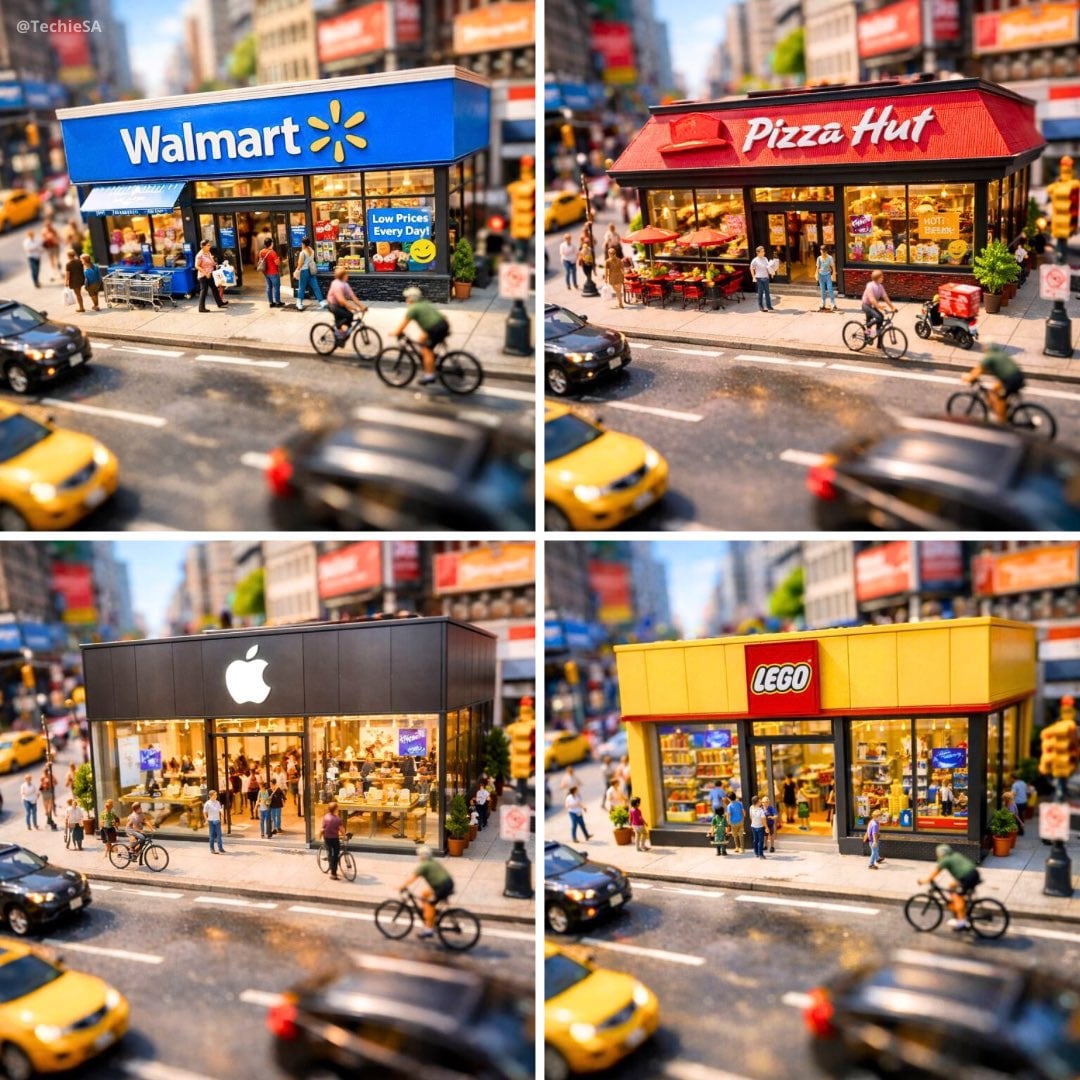 A dynamic aerial view of a bustling city street, focusing on a miniature [BRAND] store. T…