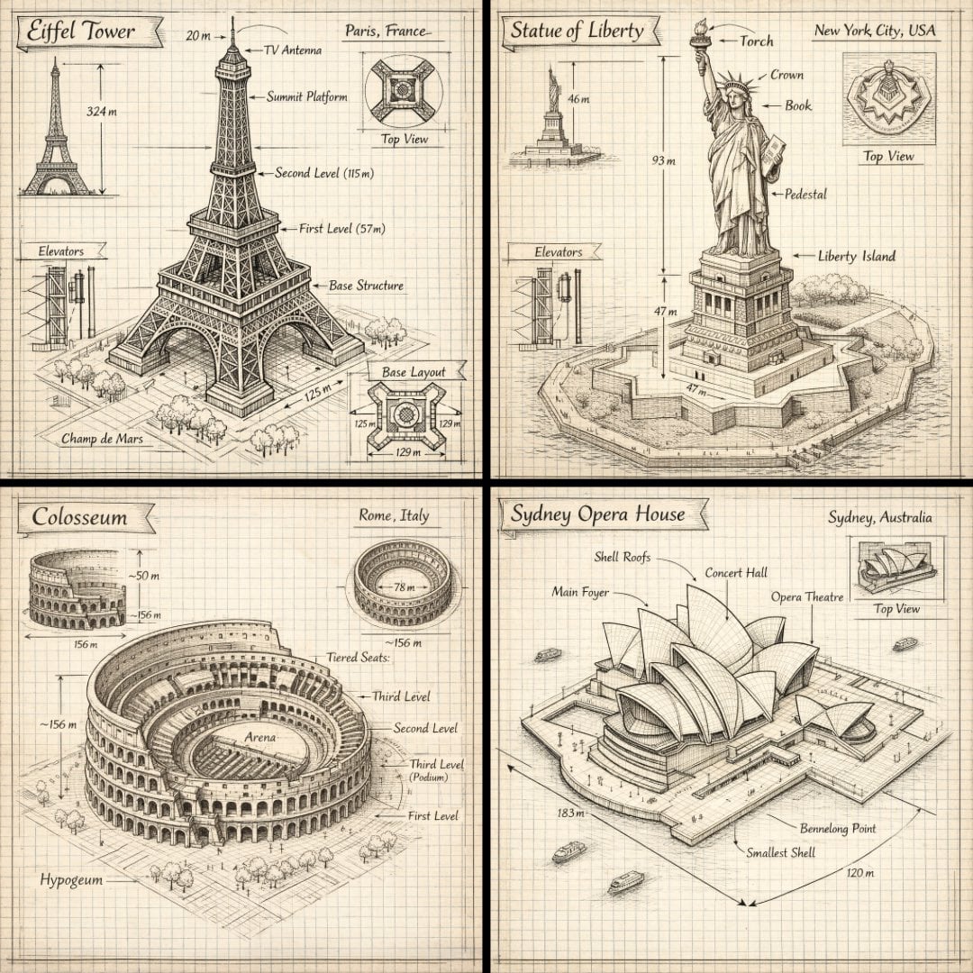 Create a hand drawn isometric schematic diagram of [LANDMARK]. 1080x1080 dimension.