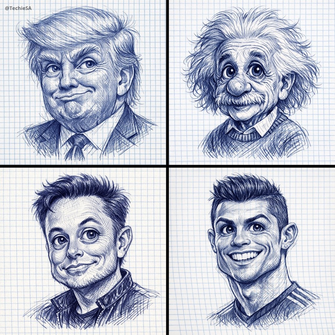 A detailed ballpoint pen sketch of [CHARACTER] drawn on checkered notebook paper, 1080x10…