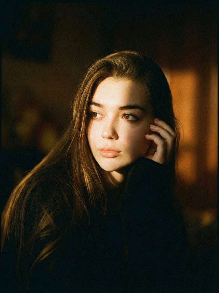 A cinematic portrait of a person is sitting in soft dramatic lighting. The face is partly…