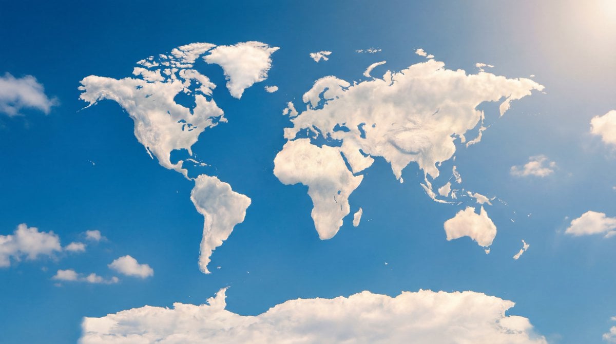 A photorealistic image of a cloud in the sky, uniquely shaped like all the continents of …