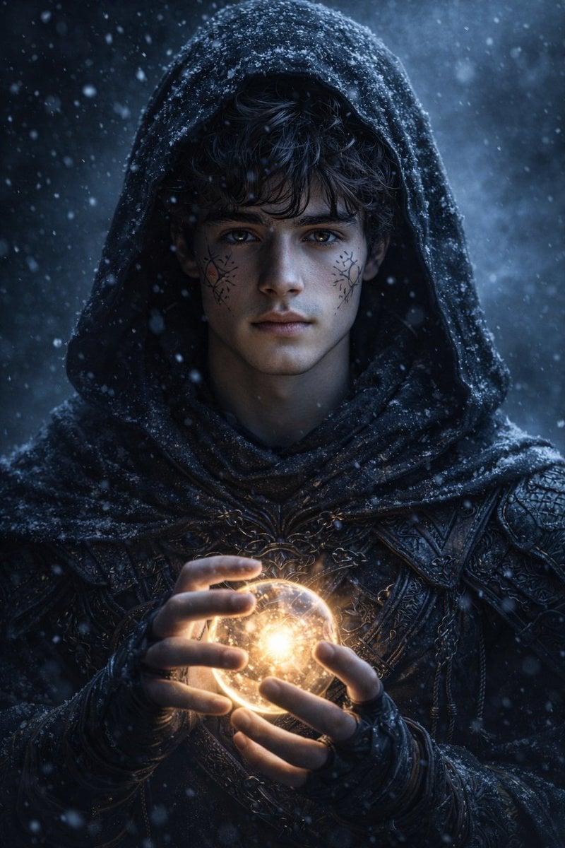 Hyperrealistic dark fantasy portrait of a mysterious hooded mage standing in snowfall,sam…