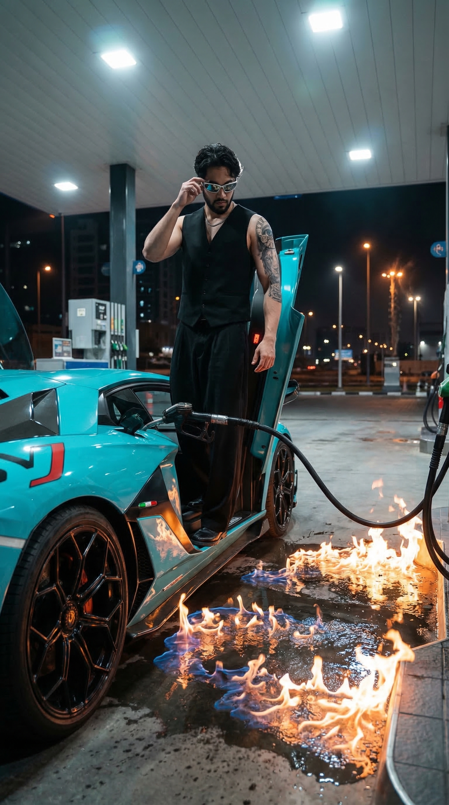 Fire at Pump Lamborghini