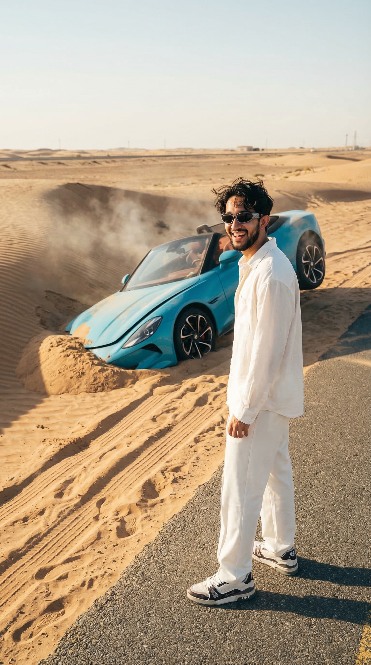 MG Cyberster and Model Crashed in Dunes